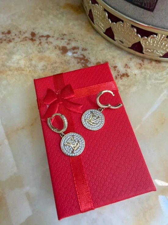 New Real Solid 14K yellow gold Drop Hoop Earrings designer look - Picture 1 of 7